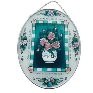 Vtg Grandmother's Love Floral Glass Suncatcher Wall Plaque Decor Cottagecore